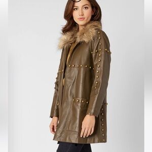 Adrienne Landau Faux Fur Green Leather Jacket Coat with Studs S $995 NEW